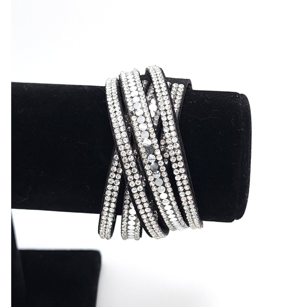 Black Crystal Wrap Bracelet Multi Row Rhinestone Adjustable Snap